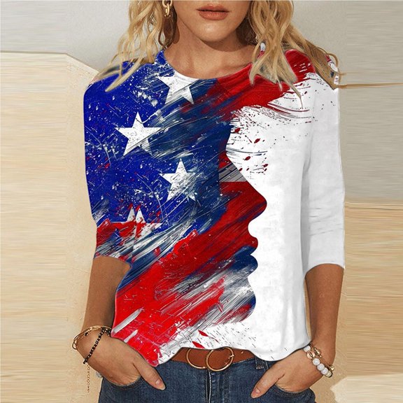 Elvqul Womens Blouses Fourth of July Independence Tops American Flag Patriotic Star 3/4 Sleeve Round Neck T Shirts for Women