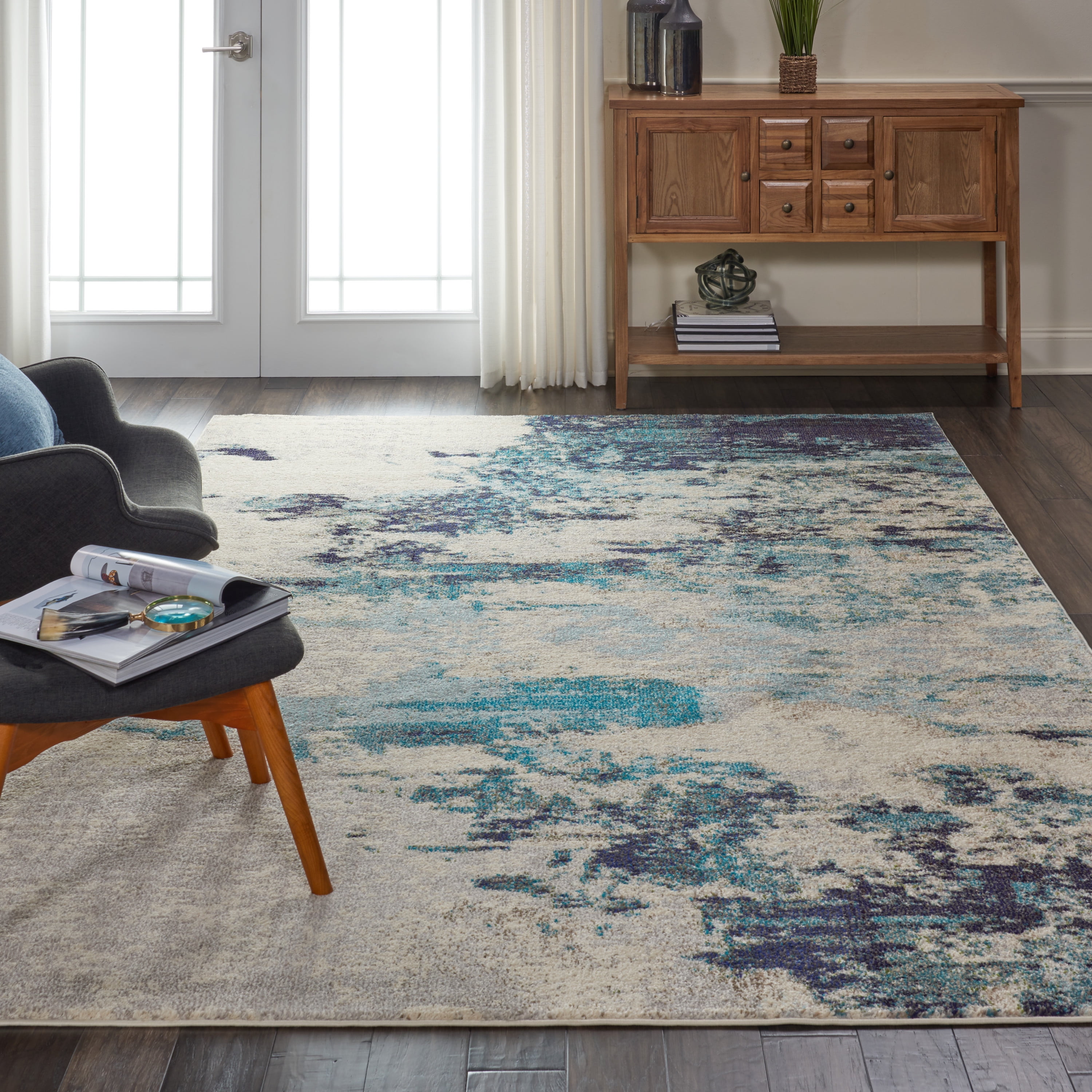 Nourison Celestial Beach Abstract Ivory/Teal Blue Area Rug ...