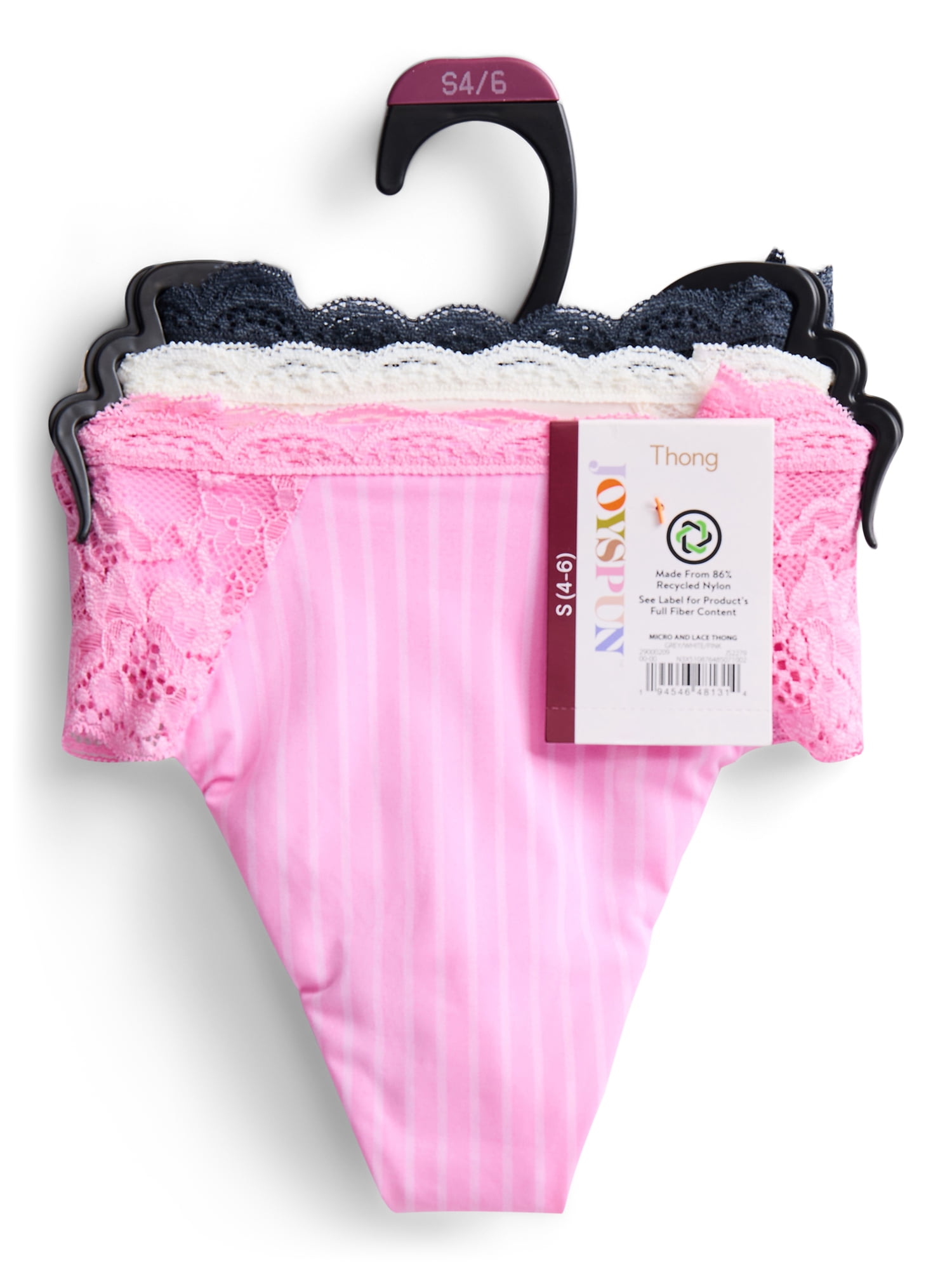 Joyspun Women's Microfiber and Lace Thong Panties, 3-Pack, Sizes XS-3XL