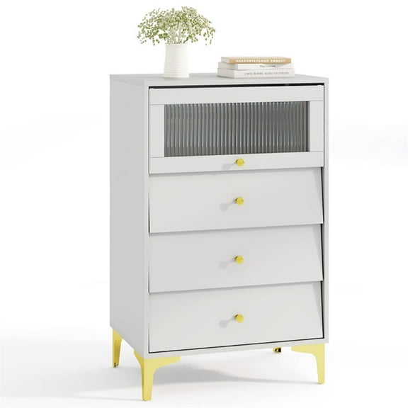 YYAo Storage Bins, Storage Cabinet Box,Modern Storage Cabinet with Flip Up Fluted Glass Door and Pull-out Drawers-Gray