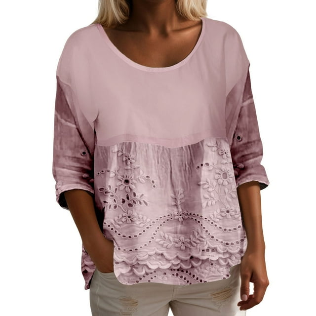 Hauts d'Entraînement à Manches Longues pour Femmes Chemises Tendance Décontractées Col Rond avec Motif Vêtements d'Automne pour Femmes Blouses Roses 2TG