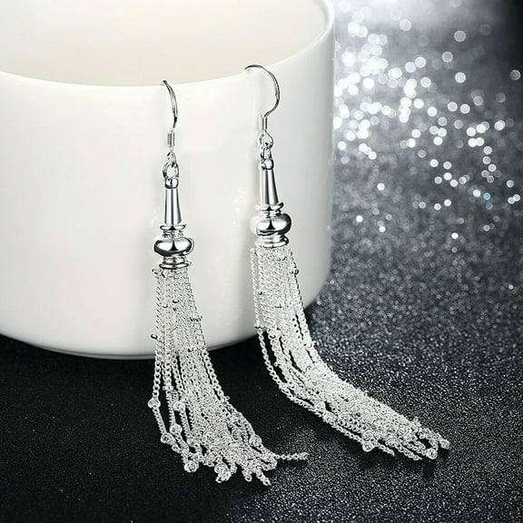 QQTDFG Womens 925 Sterling Solid Silver 3.4" Long Tassel Drop Dangle Fashion Earrings-default