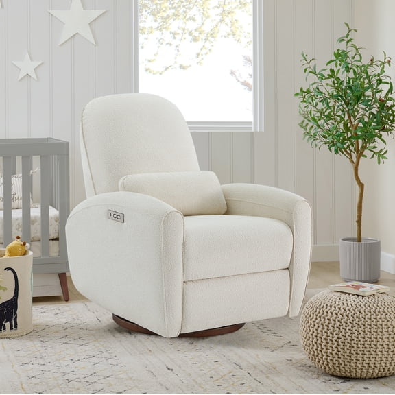 ReNest Power Swivel Glider Recliner, Upholstered Boucle Armchair with Charging Outlets, for Living Room, Nursery & Bedroom, Cream Fabric