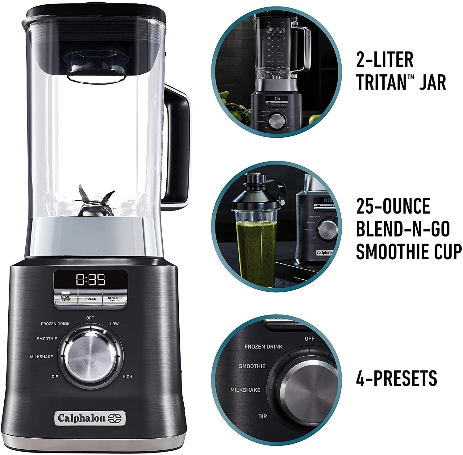 Calphalon Auto-Speed 2-Liter Blender with Blend-N-Go Smoothie Cup, Dark Stainless Steel