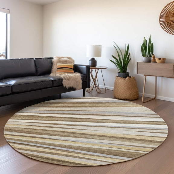 Addison Rugs Mayfield Premium Machine Washable Transitional Stripes Brown Round Rug, 8' x 8'
