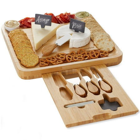 

Bamboo Cheese Board Gift Set Wooden Charcuterie Serving Tray w/ Bowls & Knives