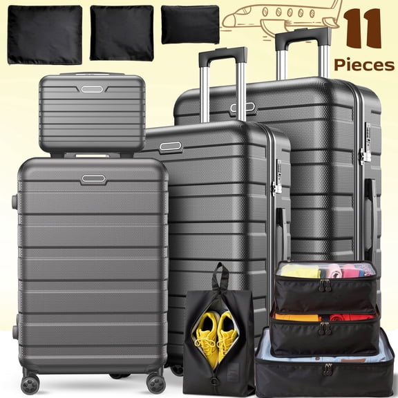11 Piece Luggage Sets,14/20/24/28 inch Hardside Lightweight ABS Suitcase With Packing Cubes, Wet & Dry Separation (Black)