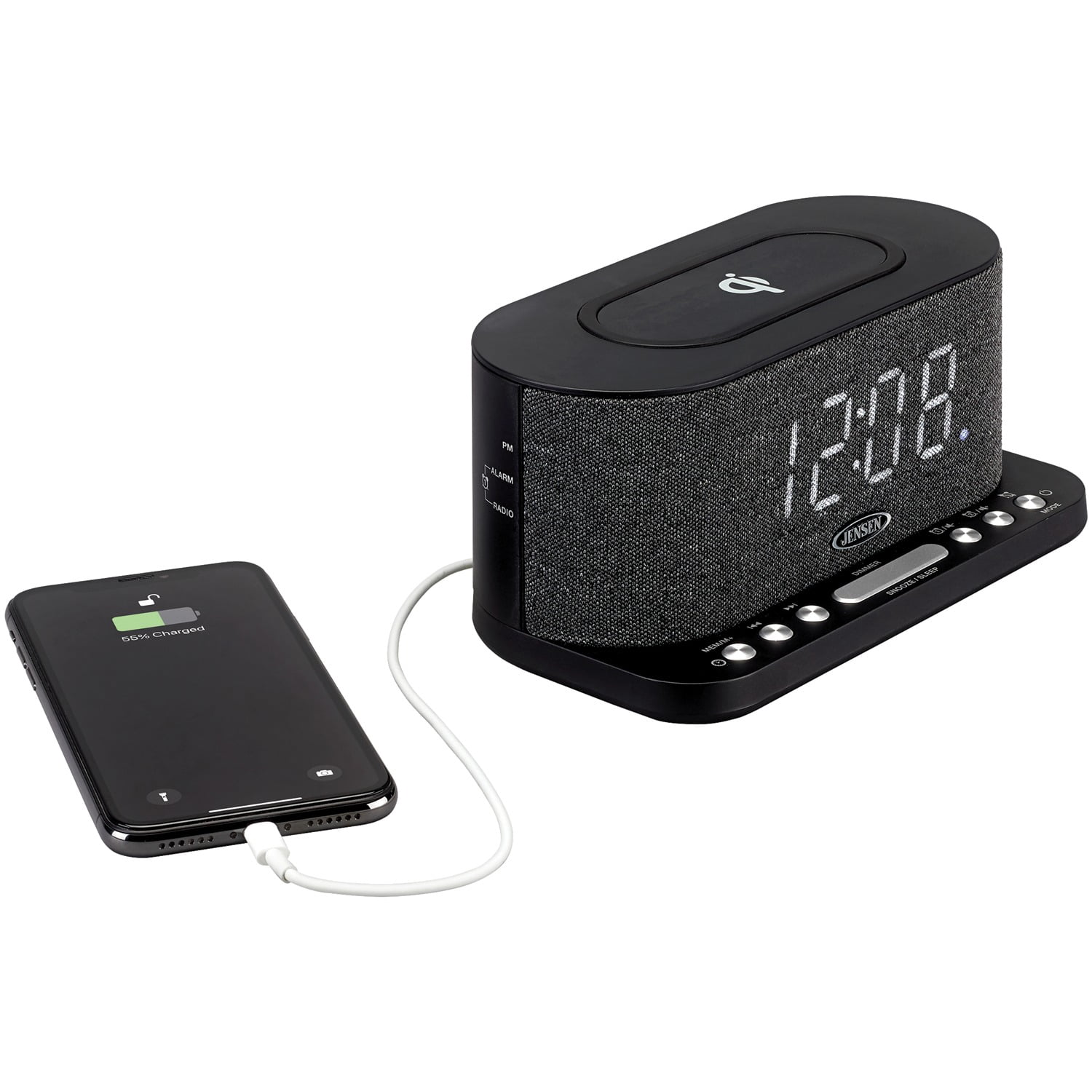 JENSEN FM Digital Dual-Alarm Clock Radio with Large Display, Wireless Qi and USB Charging, Aux Input, and Battery Backup, QiCR-50