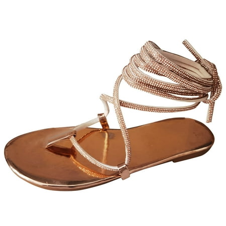 

Betiyuaoe Shoes for Women Summer Flat Crystal Ankle Strap Sandals Flip Flops Outdoor Beach Shoe
