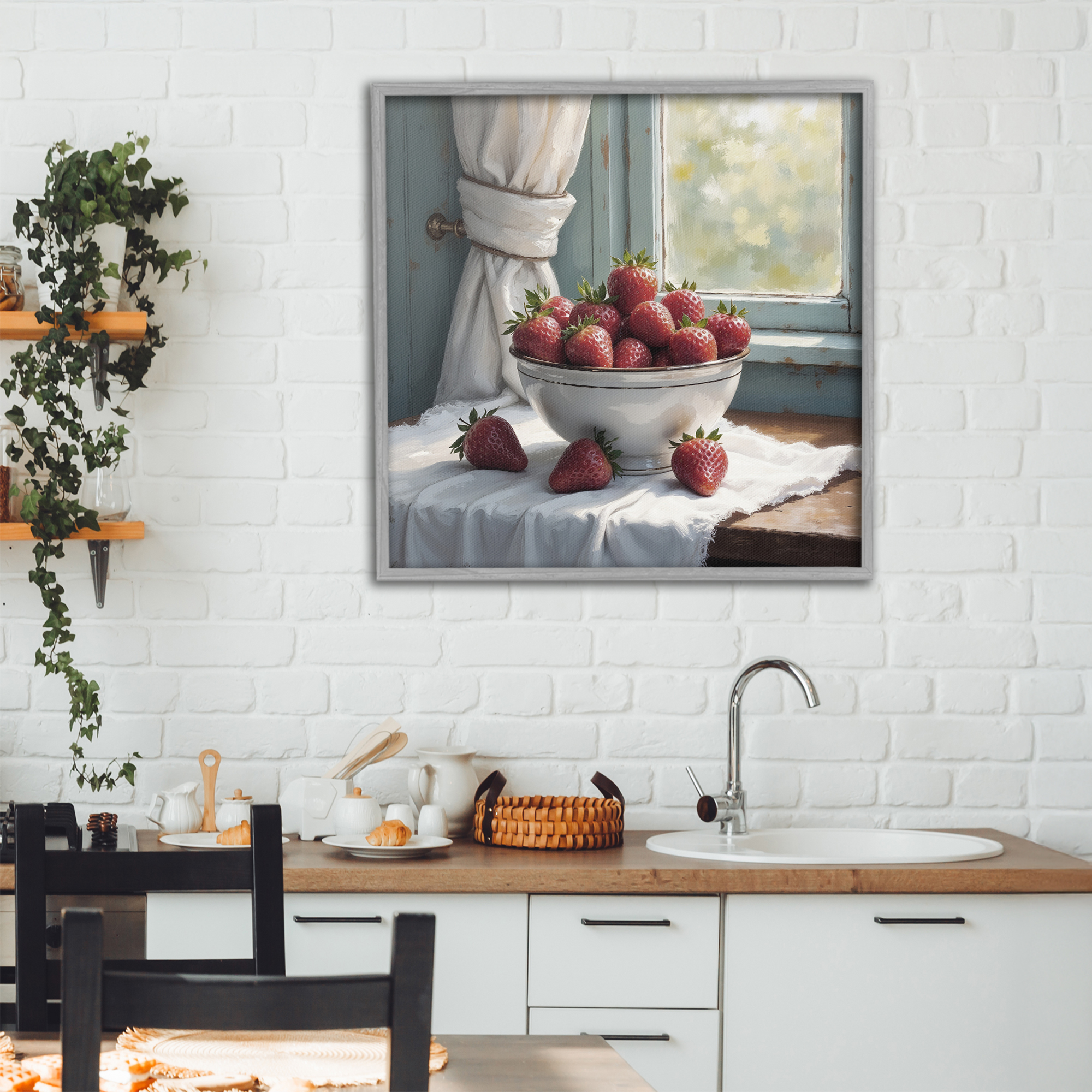 Strawberry Harvest in Window Gray Framed Giclee Art, design by Lettered and Lined