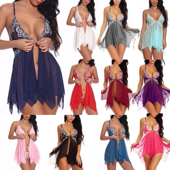 WHEANG Nightgowns for Women Lace Mesh V Neck Babydoll Sleepwear Set Sheer Floral Lace Trim Chemise Nightgown with Matching Underwear Adjustable Strap Sleepwear Size XL Red