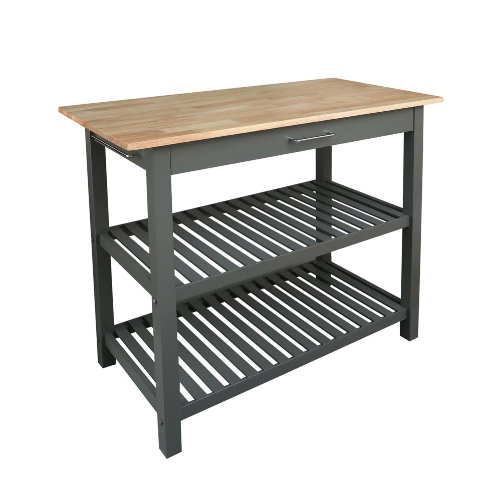 Kitchen Island Bar Station with Hardwood Counter Top - Slate Gray