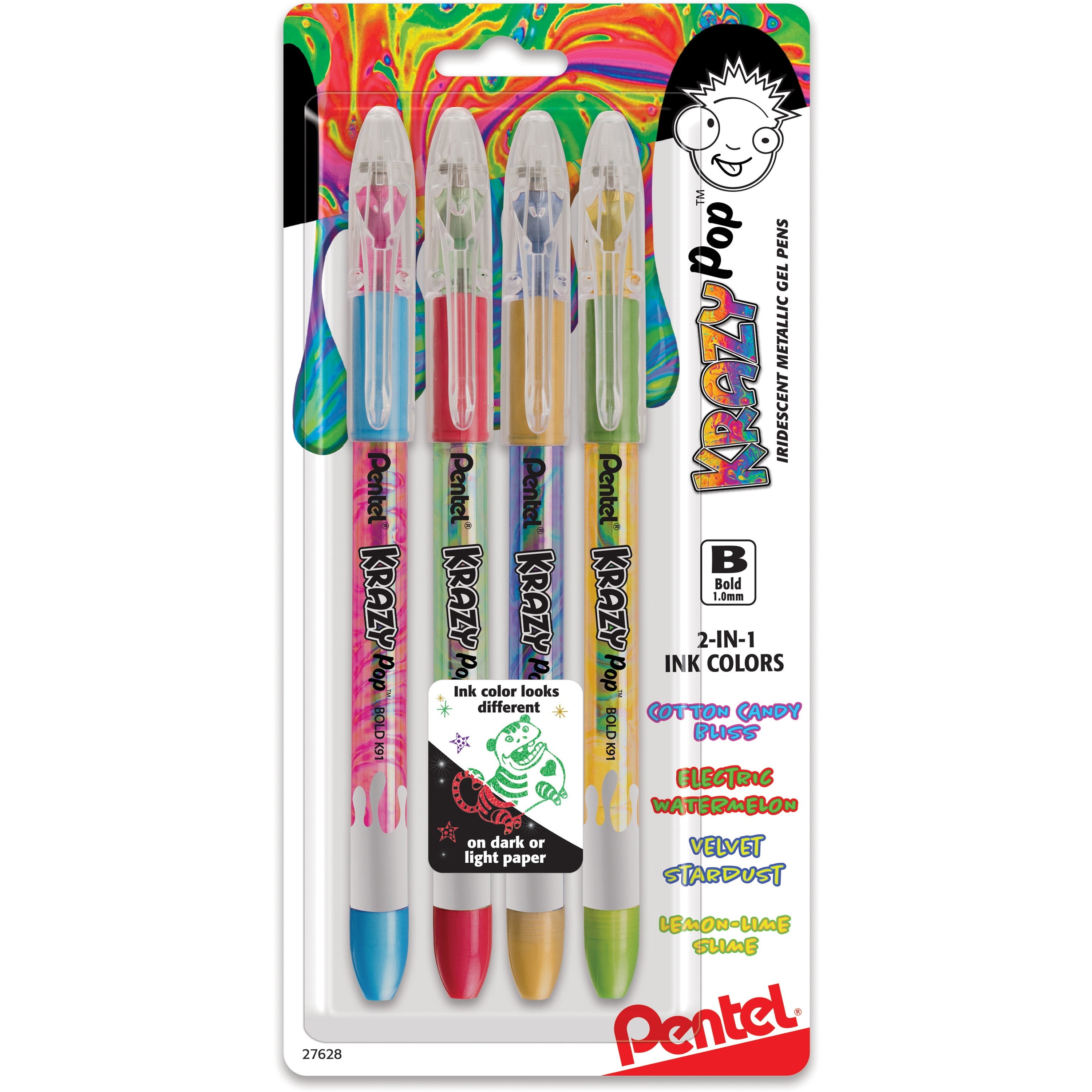 Pentel, PENK91BP4M3, Crazy Pop Iridescent Metallic Ink Gel Pens, 4 Per Pack