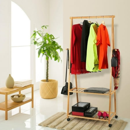 Ktaxon Bamboo Clothes Hanger Rack Coat And Hat Storage Shelves Shoe Cabinet Rolling
