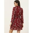 thumbnail image 4 of Vestido floral de gasa de manga larga con cuello simulado, volantes en capas, minivestidos con cintura de bata transparente Rojo L, 4 of 6