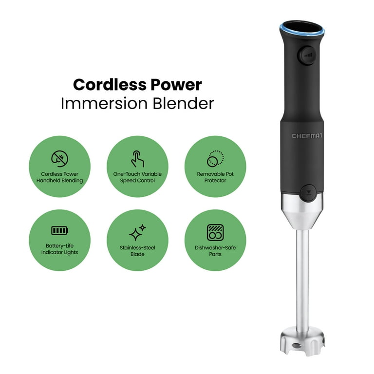 Chefman Cordless Power Portable Immersion Blender, Ice Crushing Power with  One-Touch Speed Control, USB Charging, Quickly Mixes Smoothies, Purees