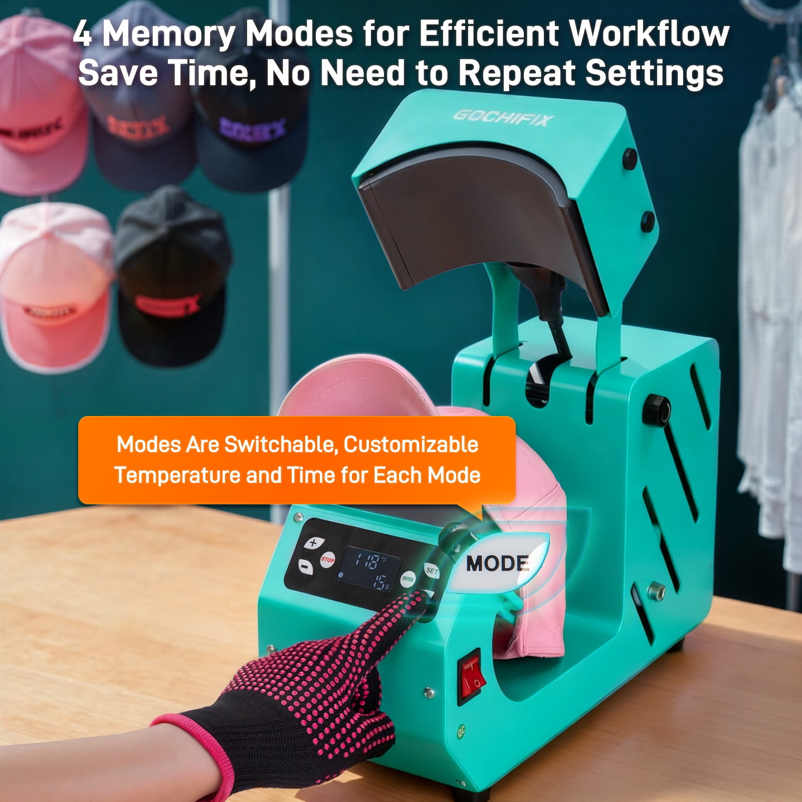 Hat Heat Press Machine,GOCHIFIX Automatic Hat Heat Press with 2pcs Interchangeable Platens for Caps Hats T-Shirts and HTV Iron On and Sublimation Projects,Green