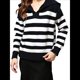 thumbnail image 1 of Suéter Holgado de Larga con Solapa A Rayas Contrastantes para Mujer (2025) Negro XL, 1 of 10