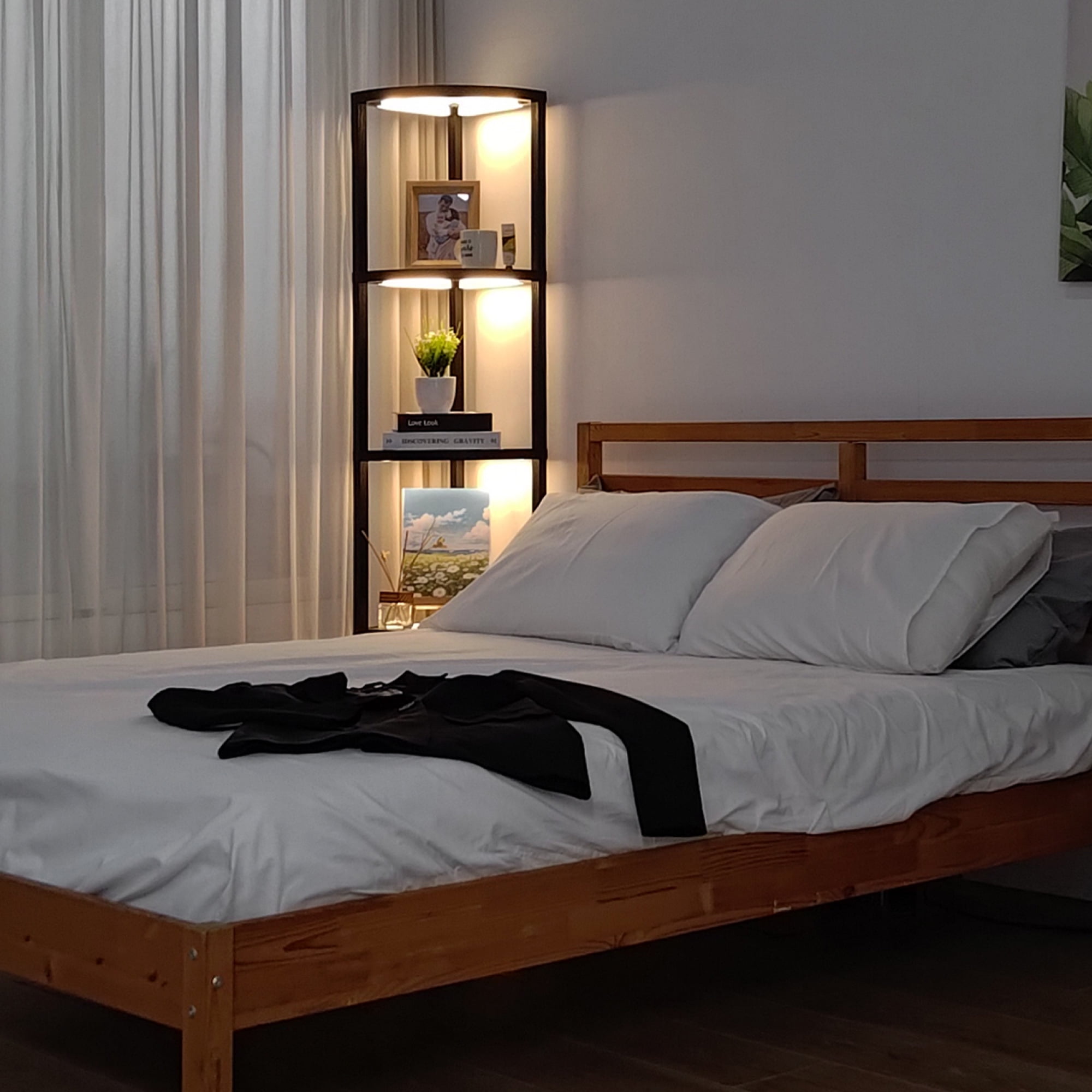 FENLO Fantasy Edge PRO 66-Inch Modern Glass LED Corner Floor Lamp with Shelves
