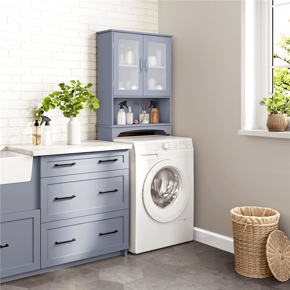 FullFurnique Freestanding Over-the-Toilet Storage Cabinet with 2 Tempered Glass Doors and 1 Open Shelf, Gray