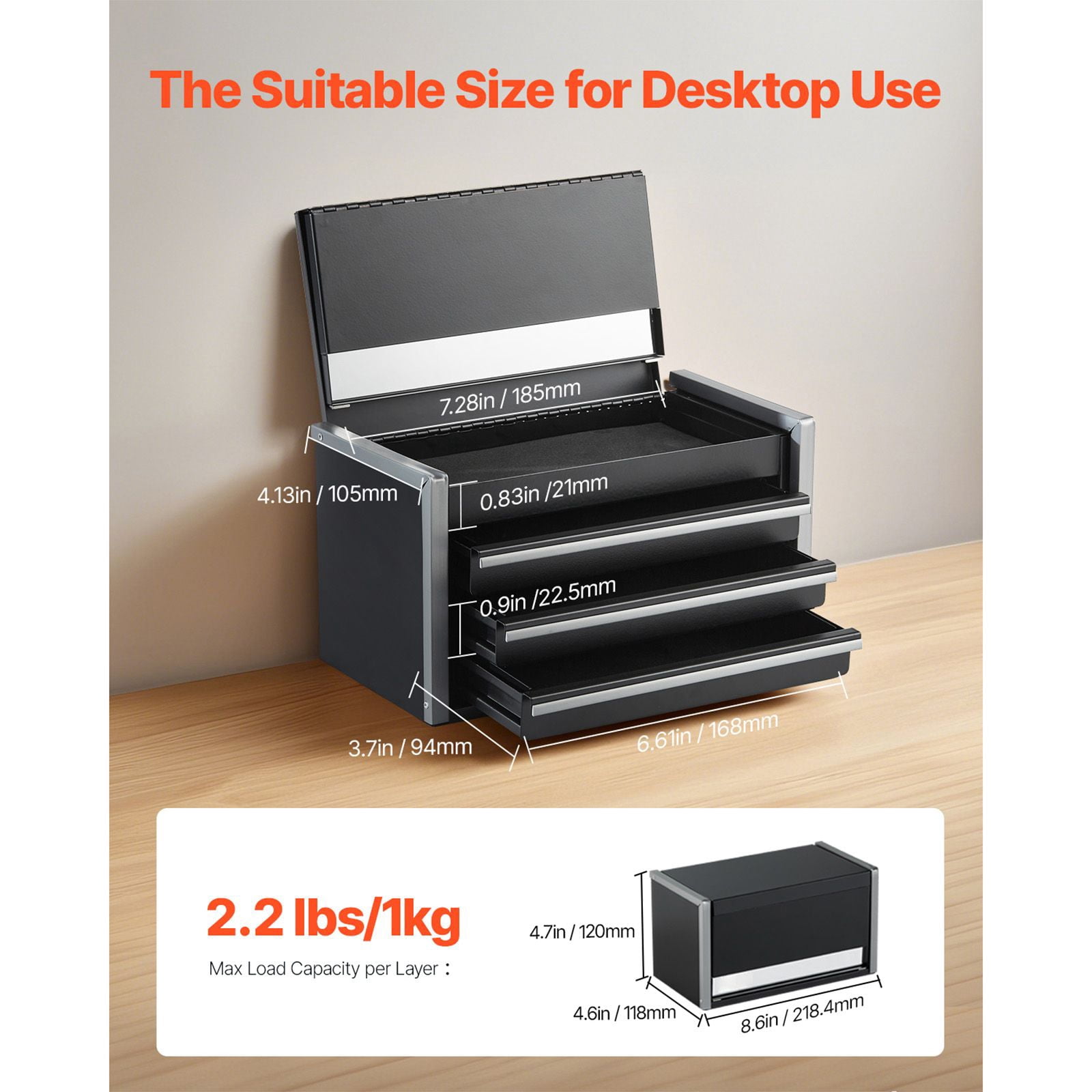 Metal Tool Box 8.6 Inch 3 Drawers 0.5mm Thickened Steel Powder Coated with EVA Liners PP Feet for Office Workshop Storage Black