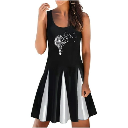 

Juebong Women Summer Dresses Beach Print Sleeveless Crewneck Casual Loose Tank Dress