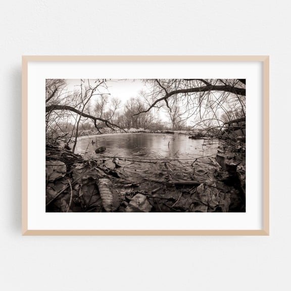 Dark Pond - Photography Black and White Winter Nature Woodland Scenic Moody Wilderness Oak Framed Wall Art Print 5 x 7 inches