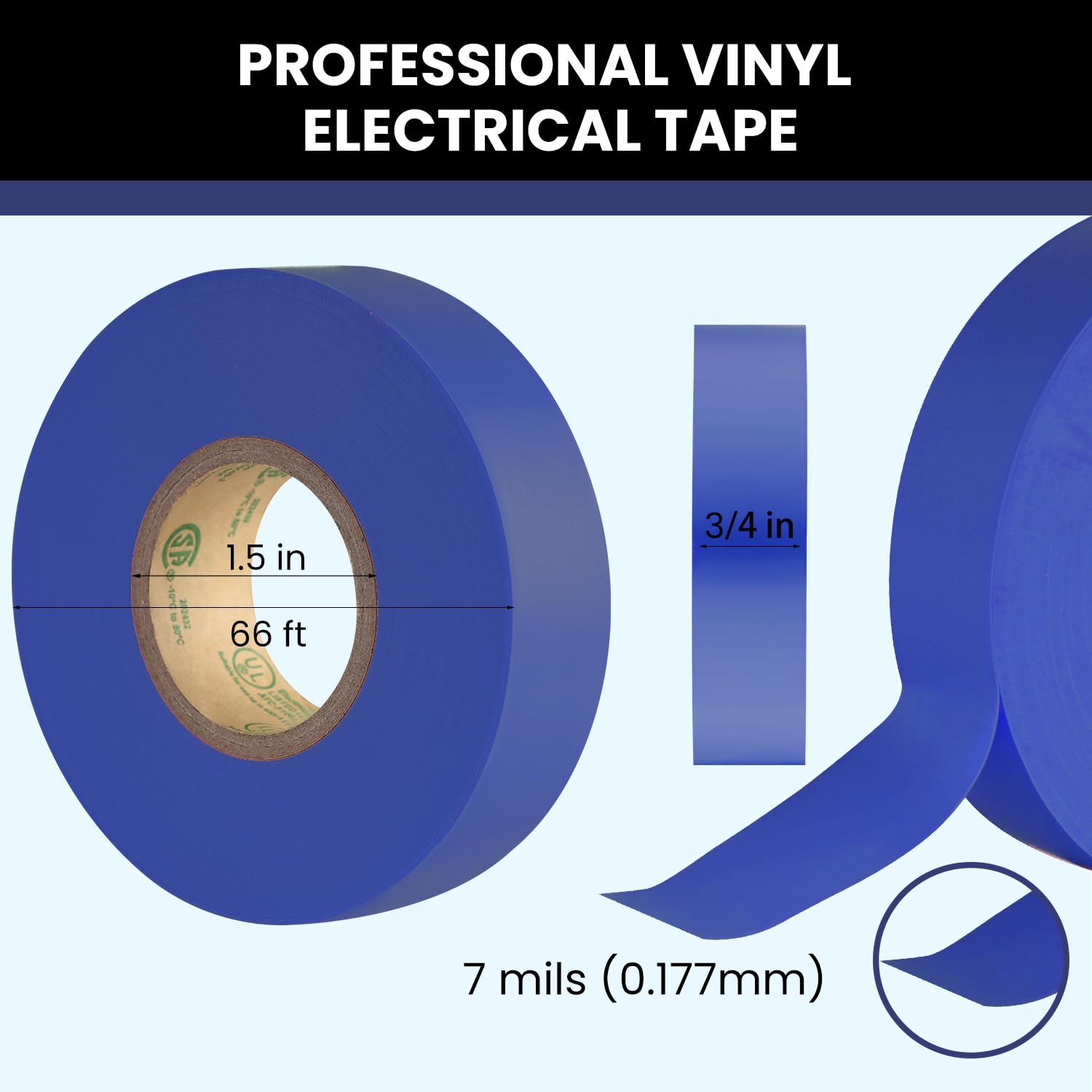 10-Pack Blue Electrical Tape Waterproof, 3/4 in x 66ft, Industrial Grade UL/CSA Listed High Temp Electric Super Vinyl