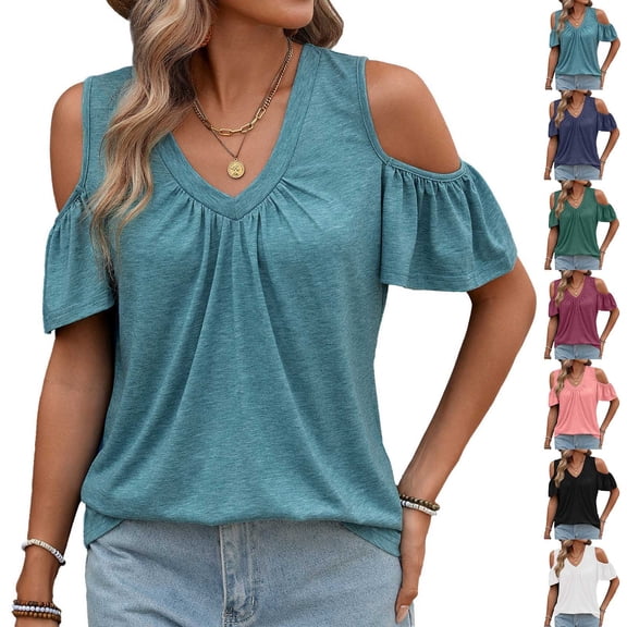 Ihhxva Women Oversized Tops Loose Fit Summer Cold Shoulder Blouse V-Neck Flutter Sleeve Top Casual Flowy Tunic Blouson Cotton Lightweight S-2XL