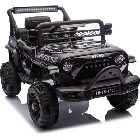 ?????????? ride ride on truck for kids, 12V electric Jeep vehicle toy W/remote control, four-wheel suspension, USB, Bluetooth, power display, lights, Black