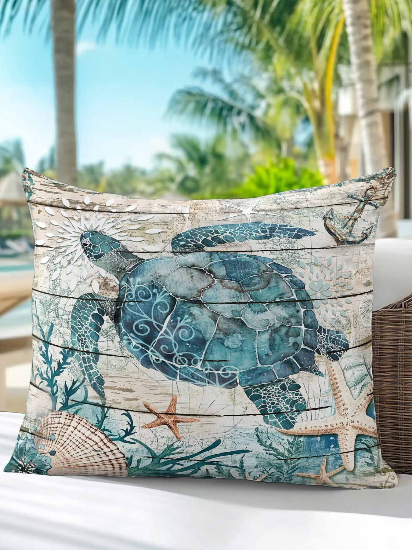 Outdoor Pillows Waterproof, Teal Sea Turtle Coastal Bedding Throw Pillows with Insert for Couch Sofa Bed, Summer Beach Nautical Starfish Retro 18x18 Inch Pillowcases Decorative Patio Pillow Set of 1