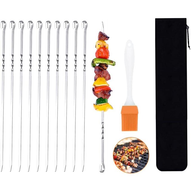 10 brochetas para barbacoa, brochetas para barbacoa de 43 cm, pinchos planos anchos de acero inoxidable para carne, frutas y verduras, cepillo de silicona, bolsa con cordón duradera para accesorios ER
