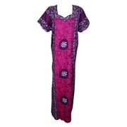Mogul Womens Maxi Caftan Nightwear Batik Print Short Sleeve Pink Purple Sleepwear Nightgown Cotton House Dress