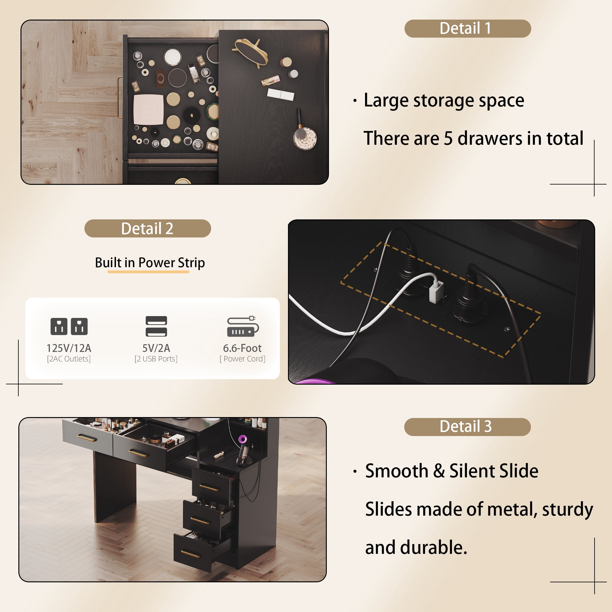 UGTOO 35.4" Black Makeup Vanity Desk with LED Mirror & Charging Station - Farmhouse Dressing Table, 5 Drawers, Wood Dresser for Bedroom/Apartment