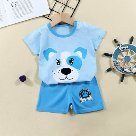 Tfken Toddler Children Girls Outfit Set Cartoon Print Short Sleeve Blue T-Shirts Shorts Quick Dry Crew Neck Comfortable Outfits Sets Size 3 Months-6 Months