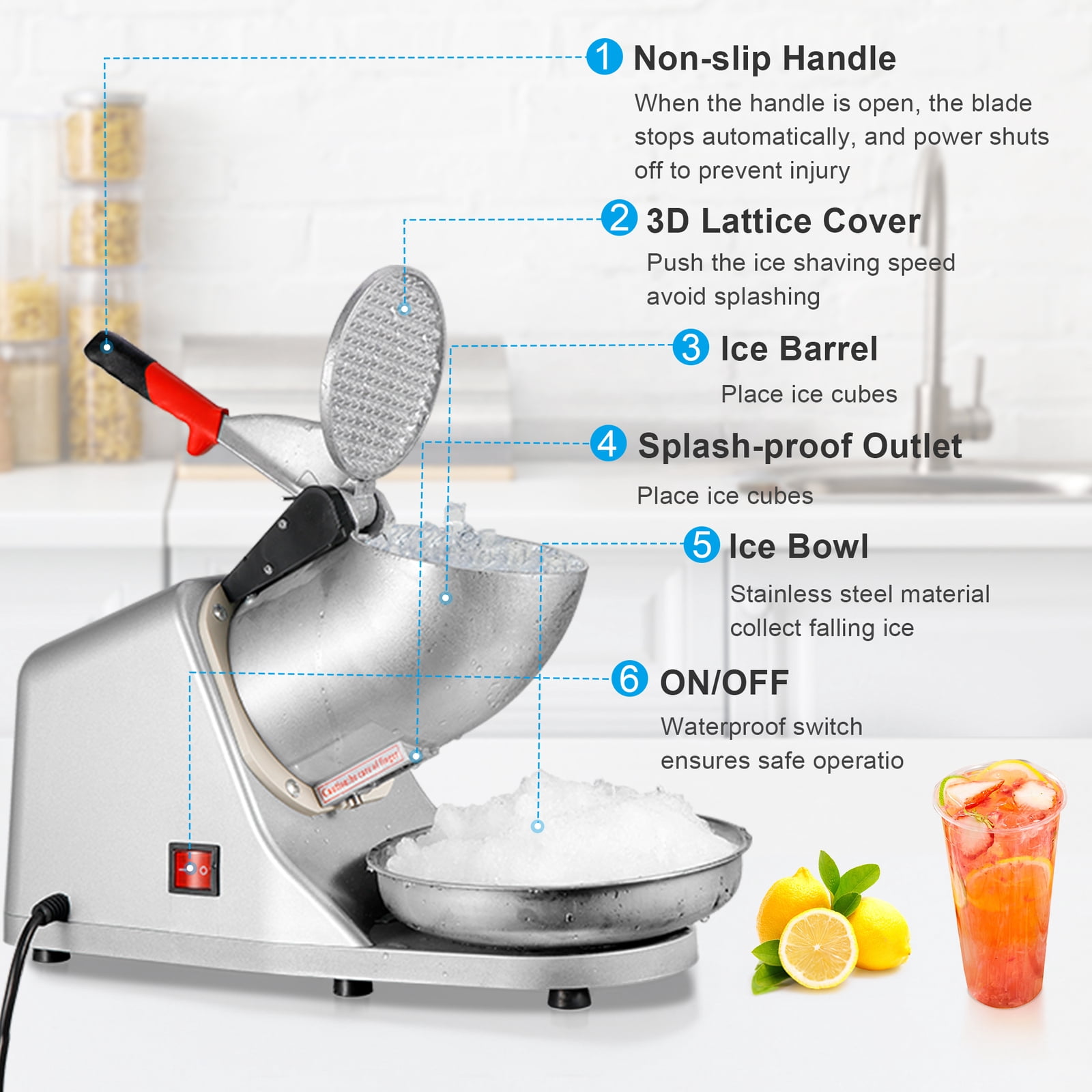 ZYPPP Electric Ice Shaver Machine 143 lbs/hr Snow Cone Maker Ice Crusher Shaved Ice