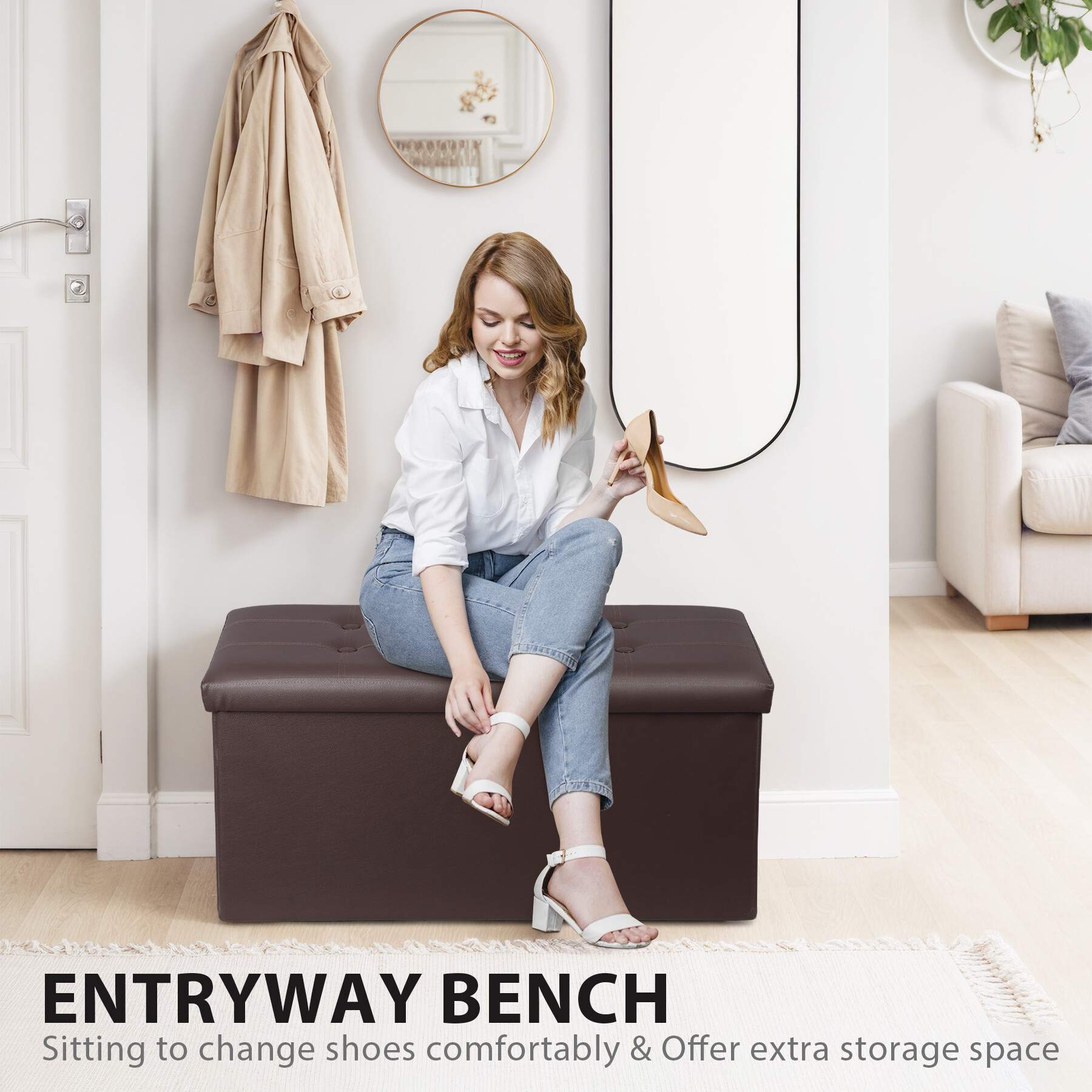 ZENY 30" Folding Storage Ottoman Bench Entryway MDF PVC Faux Leather Finish, Brown