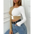 thumbnail image 3 of Women Sexy Round Neck Ribbed Colored Stretchy Cropped Shirt Long Sleeve Color Block Crop Cotton Tee Top(KH-L), 3 of 6