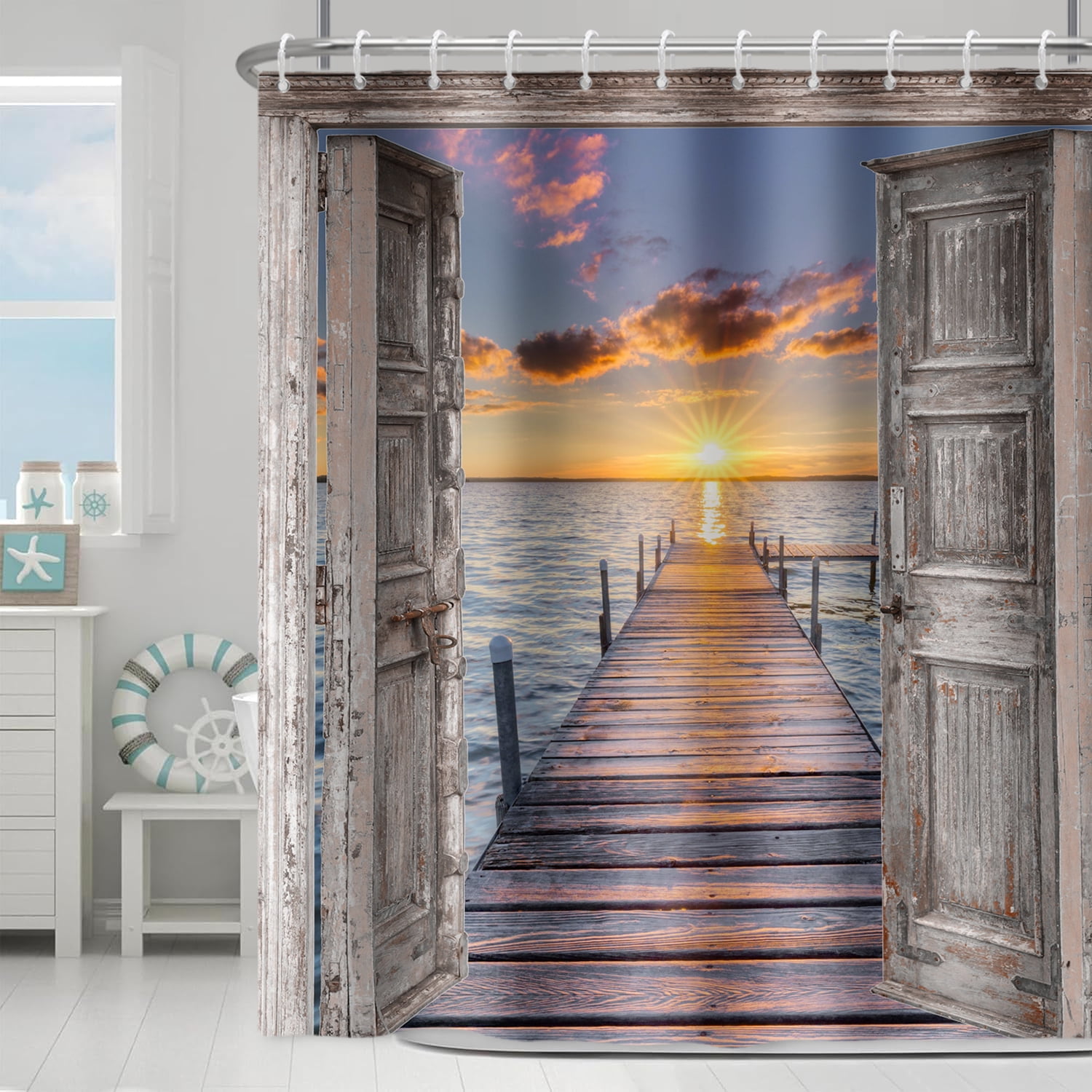Pbobriich Beach Coastal Shower Curtain for Bathroom Summer Seaside Shower Curtain with Hooks,Wooden Grain Barn Door Design,72x78 Inches