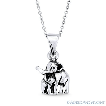 Mother & Baby Elephant Motherhood Charm Pendant & Cable Chain Necklace in Oxidized .925 Sterling