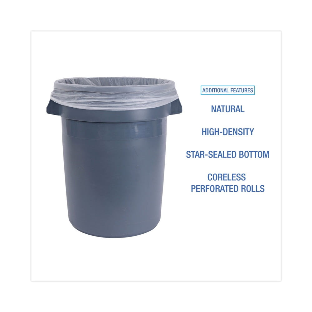 Boardwalk High-Density Trash Bags, 33 gal, 14 microns, 33" x 38", Natural, 25 Bags/Roll, 10 Rolls/Carton
