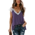 thumbnail image 1 of Top de encaje con cuello en V para mujer Camisa de verano con empalme de encaje informal de moda para compras diarias al aire libre Púrpura 3XL, 1 of 4
