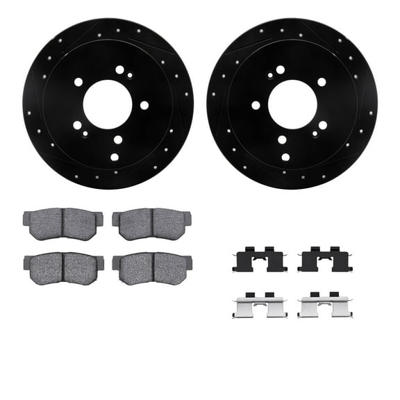 Dynamic Friction Company Rear Brake Rotors-Drilled and Slotted-Black with 5000 Advanced Brake Pads includes Hardware 8512-03020