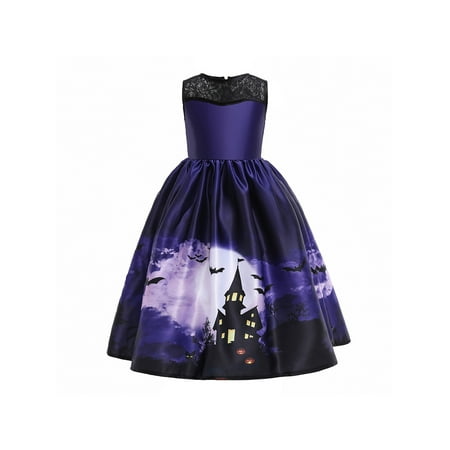 

Halloween Fashion Girls Pumpkin Cartoon Patterns Round Neck Short Puff Sleeve Formal Dress