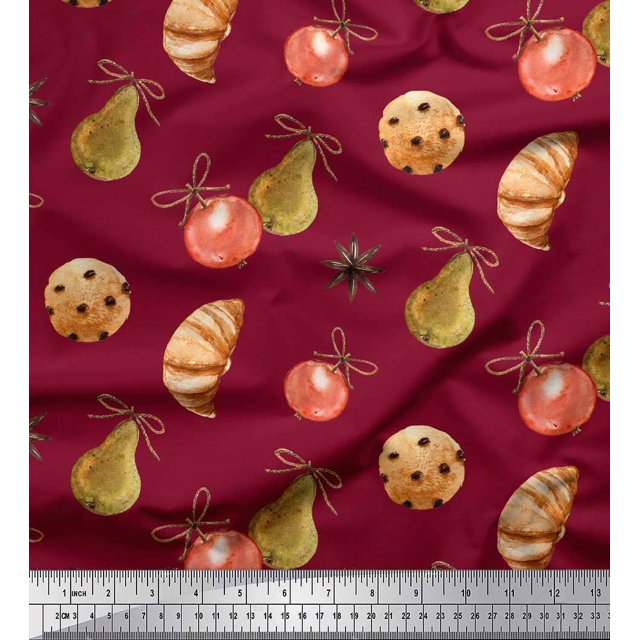 Soimoi Red Poly Georgette Fabric Cookies & Oranament Christmas Decor Fabric Printed Yard 42 Inch Wide