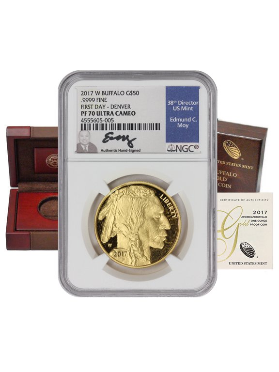 2017-W $50 Gold Buffalo NGC PF70 Ultra Cameo First Day of Issue Denver Moy Label with Original Government Packaging U.S. Mint Coin