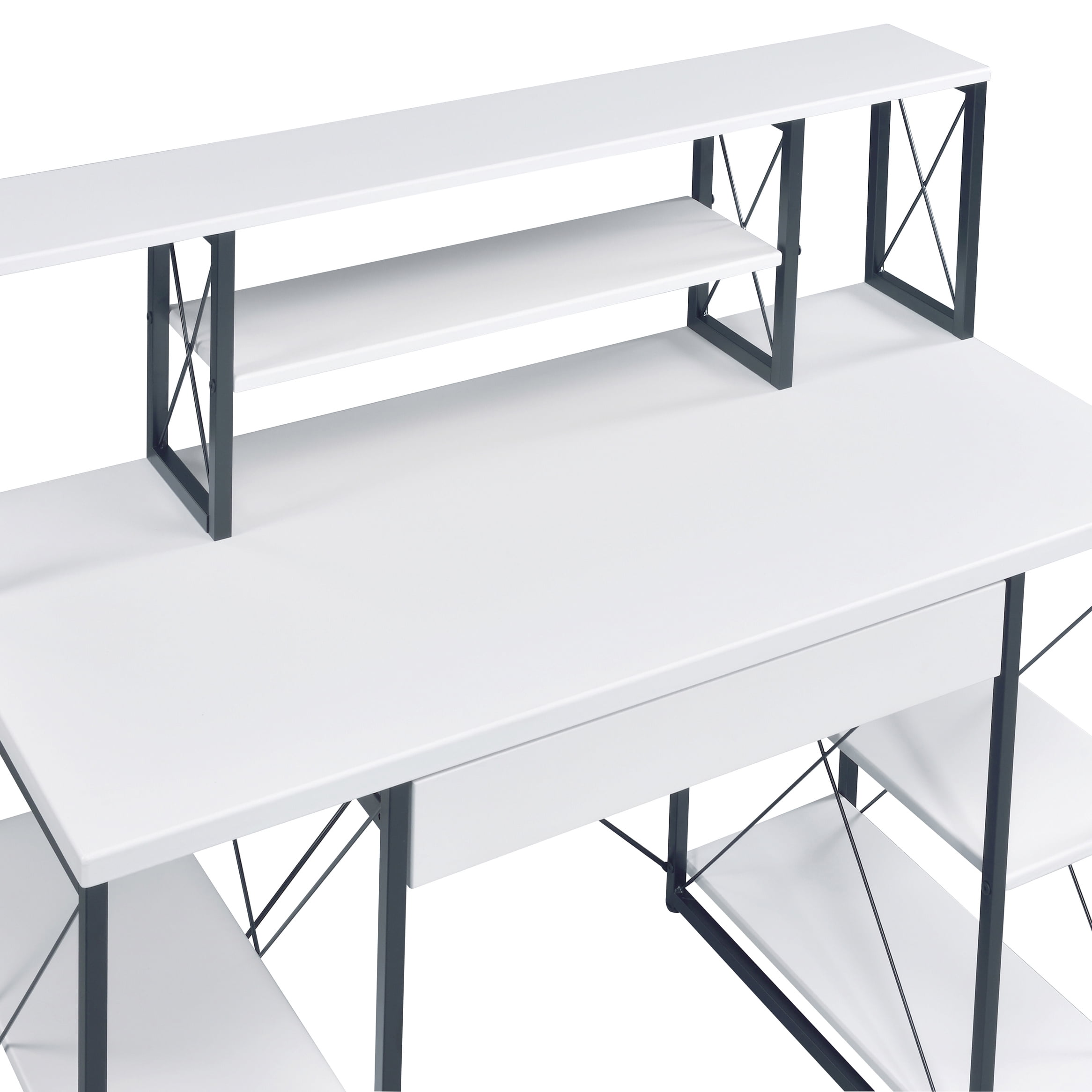 Astoutdoor White and Black Office Desk with Open Shelves and Hutch