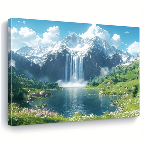 Canvas Wall Art - Snow-Capped Mountain Waterfall & Tranquil Lake Landscape Painting with Wooden Frame, Horizontal Ink on Canvas Nature Scene for Living Room, Bedroom