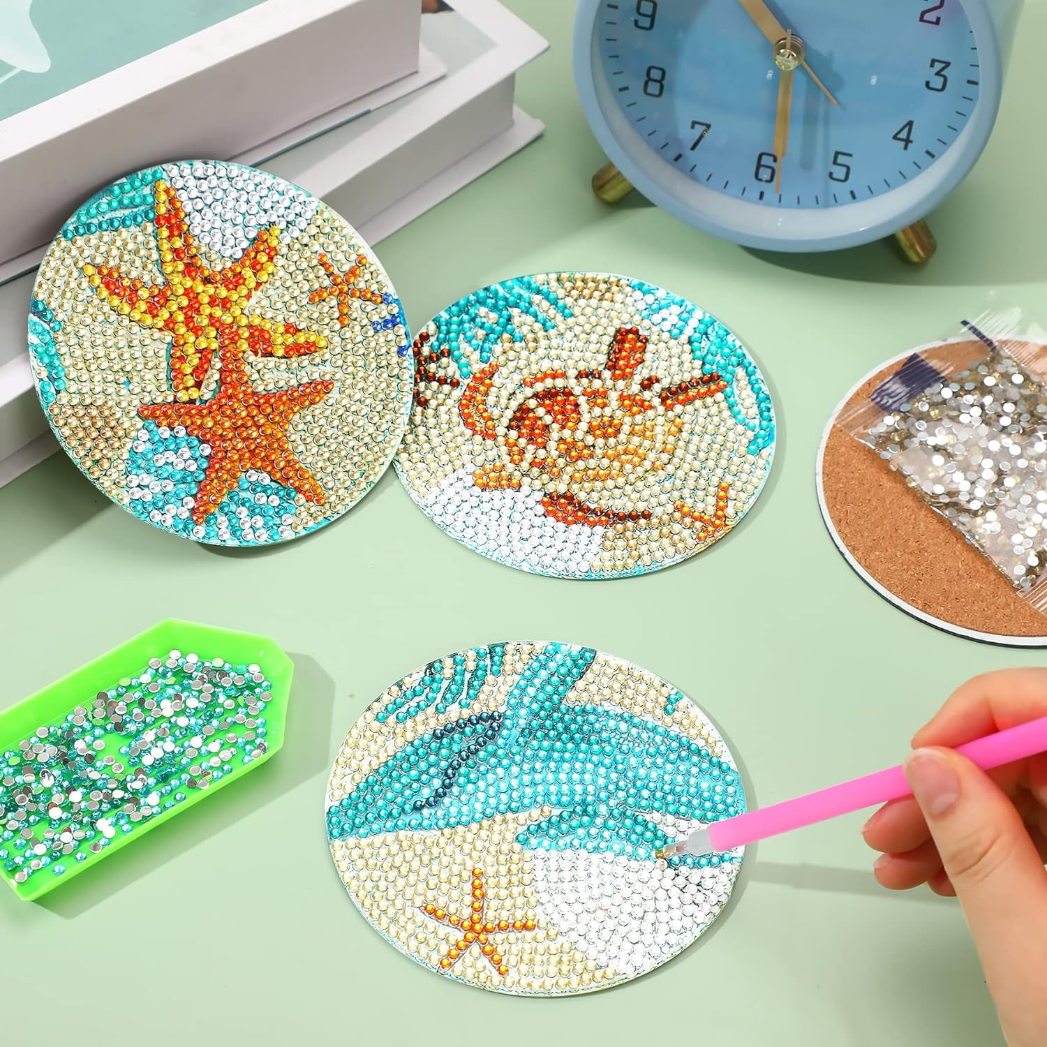 Goyunwell 8Pcs Ocean Diamond Art Painting Coasters Kits with Holder Diamond Art Non Slip Coaster Kits DIY with Holder Crafts for Adults Diamond Art Painting Kits Supplies for Christmas Gift