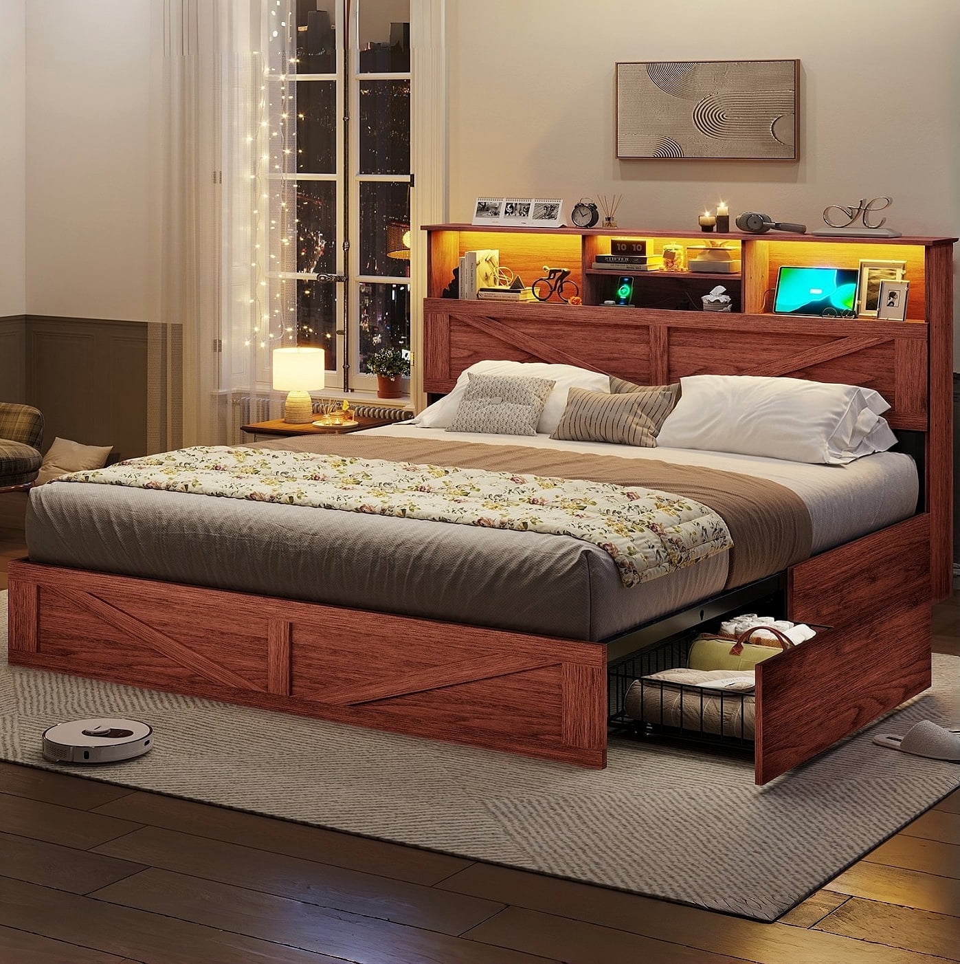 Full Farmhouse Bed Frames With Storage Headboard Bookcase, Wooden Platform Bed with 4 Drawers, No Boxing Need, Red Brown